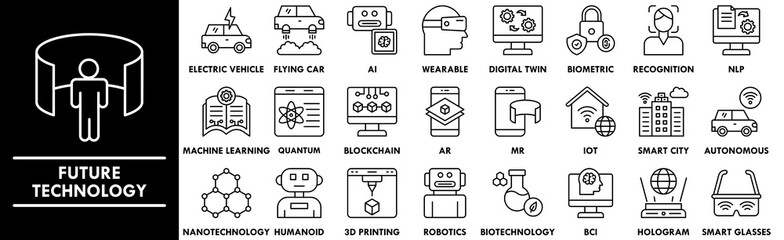 Future Technology outline icon collection set. Containing design future, technology, digital, science, tech