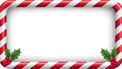 A festive holiday frame with red and white stripes and holly leaves on a white background