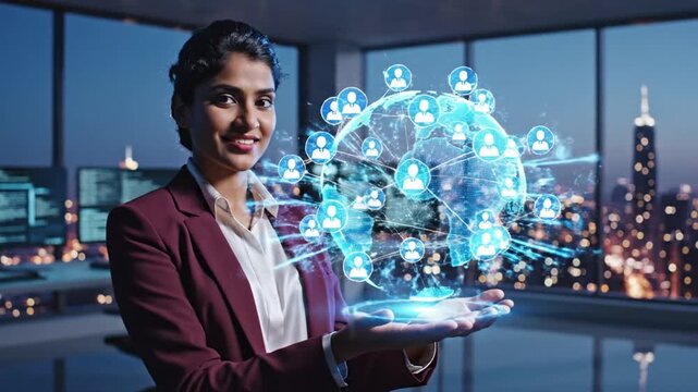 P25-Businessman holding digital globe with human icons representing global communication social networ 4K 10s