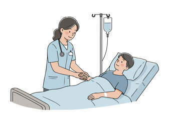 Nurse providing comfort and compassionate care to a smiling patient recovering in a hospital bed with an IV drip, highlighting medical support and well-being.