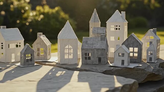 Miniature Paper Village Scene - Charming Handmade Houses on a Rock with Warm Sunlight and Bokeh Background for Creative Projects