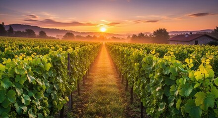 Fototapeta premium Sunlit vineyards stretch towards the horizon offering a promise of fine wine and picturesque