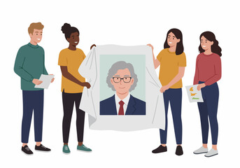 Obraz premium Diverse team unveils portrait of a distinguished senior leader, celebrating achievement or new appointment in a corporate or academic setting.