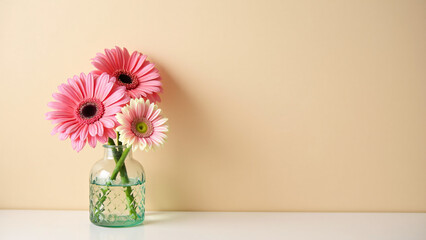 Four pink Gerbera daisies bloom in glass&mdash;evoking elegance, warmth, and the quiet joy of simplicity.

