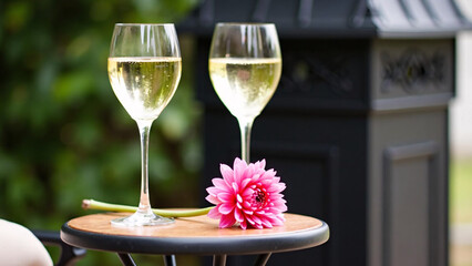 Two glasses and a single bloom&mdash;evoking warmth, romance, and the quiet joy of togetherness.
