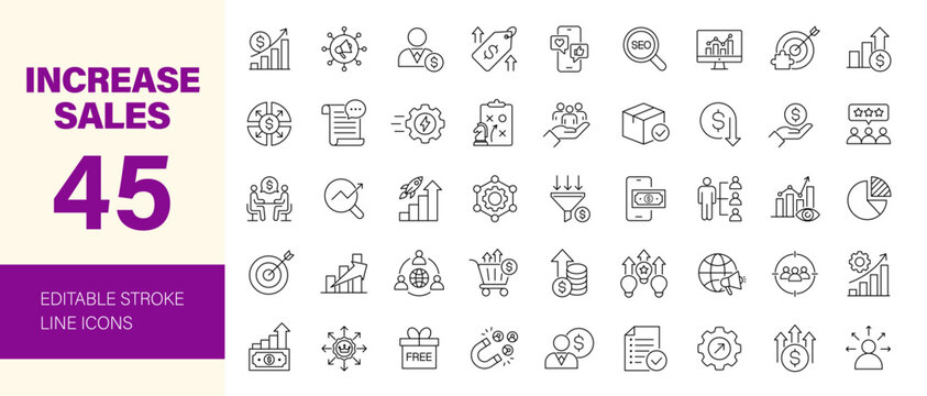 Increase sales icon set. Editable line icons. Vector illustration.