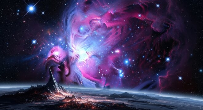 Surreal exoplanet vista featuring vibrant nebula and otherworldly landscapes