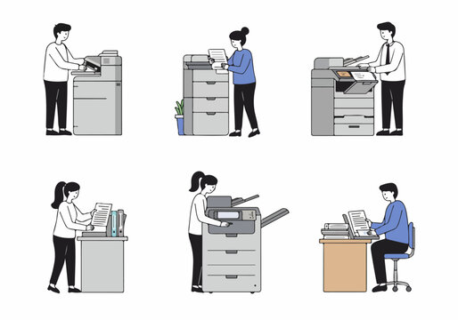Office workers using copy machines and managing documents for administrative tasks, illustrating productivity and daily business operations in a modern workplace.