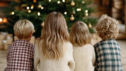 Children enchanted by christmas tree lights in cozy festive room setting