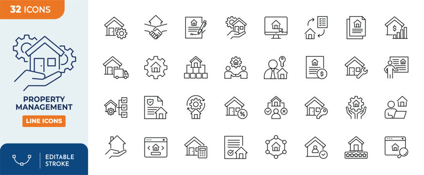 Property Management line editable icon set. Containing property, management, buying, selling,  renting, house, maintenance, and more. Editable stroke. vector illustration