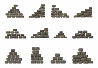 Fototapeta premium Cartoon vector illustration set of grey stone and brick wall elements, perfect for game assets, construction, or architectural design concepts.