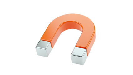 Orange horseshoe magnet with silver ends on a white background