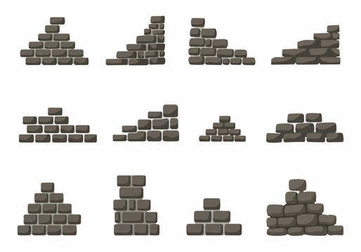 Cartoon vector illustration set of grey stone and brick wall elements, perfect for game assets, construction, or architectural design concepts.