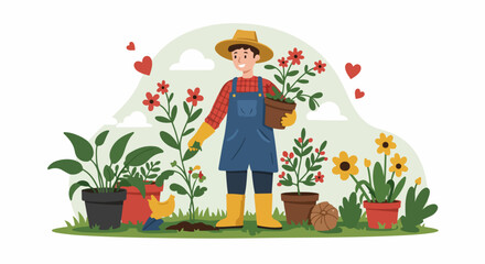 Fototapeta premium Cheerful gardener planting new flowers and tending to lush potted plants, surrounded by blossoming nature, clouds, and hearts, depicting a joyful green hobby.