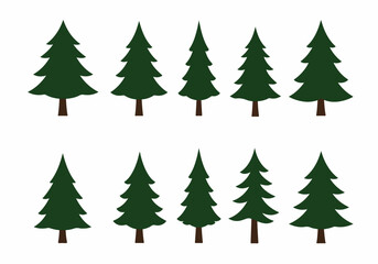Fototapeta premium Set of ten stylized green pine trees vector illustration on a white background, ideal for holiday and nature-themed designs.