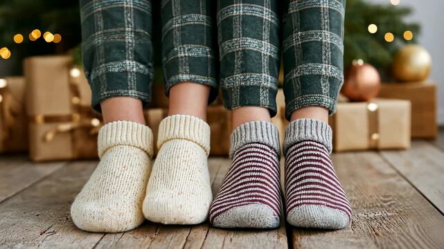Cozy holiday serenity: warm socks, festive lights, and rustic gifts