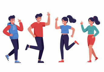 Fototapeta premium Diverse group of energetic young people in casual attire making various hand gestures like pointing and victory signs, isolated on white.