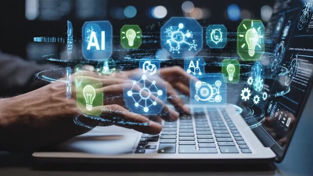 P189-Close-up of hands typing on laptop with glowing AI icons representing artificial intelligence mach 4K 10s