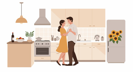 Happy couple dancing intimately in a cozy, modern kitchen, enjoying a romantic moment at home.