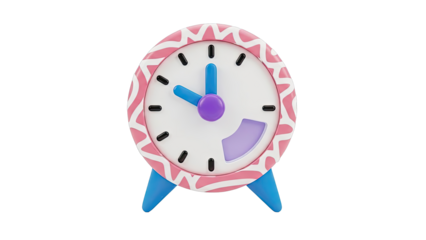 3D render of a pink and white patterned alarm clock with blue legs