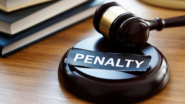 Close-up of a Judge Gavel with a Penalty Label Representing Legal Punishment and Judicial Fines