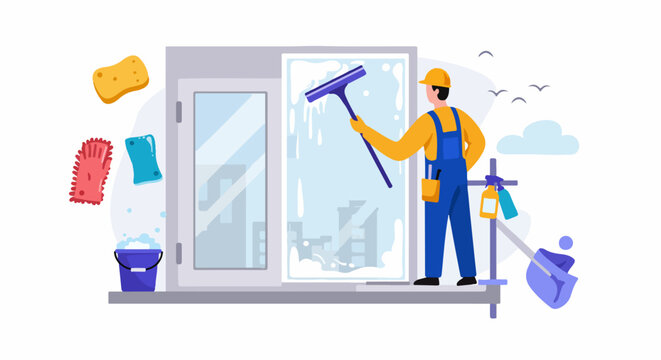 Professional window cleaner diligently cleans a large window with a squeegee, showcasing cleaning tools and a cityscape view. - Powered by Adobe