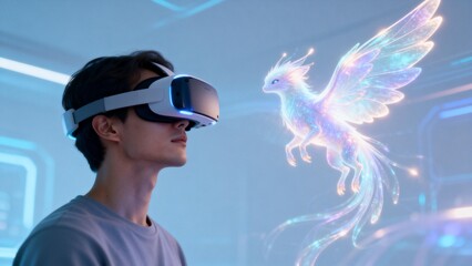 Man wearing VR headset viewing magical creature