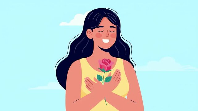 Tracking left flat animation of confident woman embracing rose, vibrant pastels conveying self-love