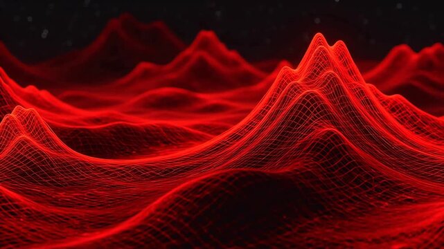 Vibrant red digital waves undulate across a dark landscape viewed from a futuristic perspective
