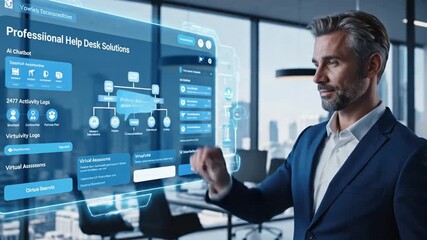 P162-Businessman using digital interface for 247 online customer service and AI chatbot support represen 4K 10s - Powered by Adobe