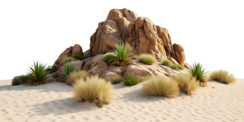 Rock formation with desert plants on sand. isolated on transparent background 