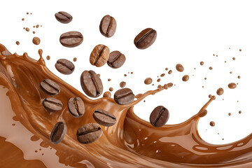 Roasted coffee beans scattered isolated on transparent background 