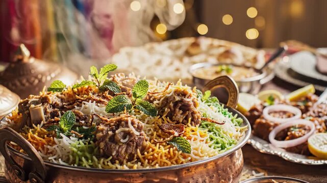 Steaming indian biryani, garnished with mint, captured close-up with warm bokeh lighting for a festive ramadhan iftar dinner.