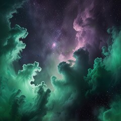 Swirling Aurora Nebula Cloudscape Background in Emerald Green Lime and Lavender Haze Stars