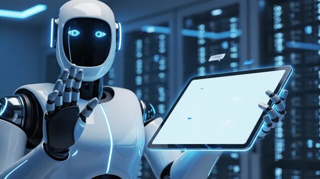 P153-Artificial intelligence chatbot assistance concept showing a friendly robot with speech bubbles on a 4K 10s