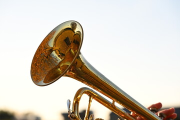 紅葉を背景にしたトランペットの演奏風景