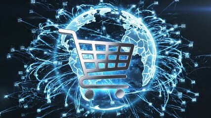 P134-Digital shopping cart icon with global map and network connection symbolizing e-commerce online re 4K 10s - Powered by Adobe