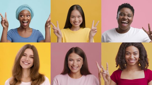 A collage showcases a diverse group of women with joyful expressions. Each person presents unique emotions, captured against colorful backgrounds, creating a lively atmosphere.