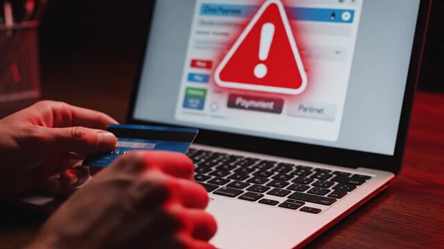 P128-Male hand holding a credit card while using a laptop with warning symbol representing online paymen 4K 10s