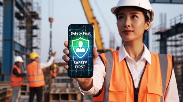 P124-Person holding a smartphone displaying a glowing Safety First shield with a worker icon represent 4K 10s - Powered by Adobe