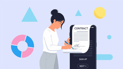 Professional woman digitally signing a contract on a mobile device for swift online agreement