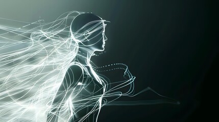 A futuristic digital illustration of a woman with glowing white lines and dots on a dark background