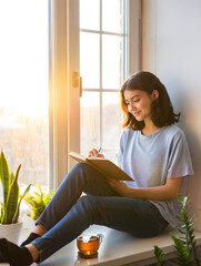 Mental health self care Young adult journaling by window soft morning light plants tea calm expression quiet moment