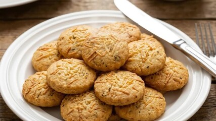 A delightful close-up shot features a generous stack of golden-brown savory biscuits, artfully arranged on a pristine white ceramic plate. Each biscuit is visibly flecked with melted cheese and hints  - Powered by Adobe