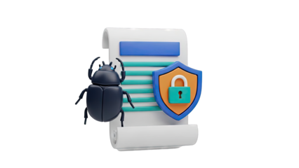 Bug Icon on Scroll with Shield and Lock