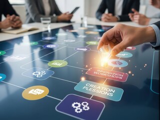 Business strategy offsite concept with a hand placing a lightbulb idea onto a collaborative digital roadmap, for innovation workshops and creative planning sessions