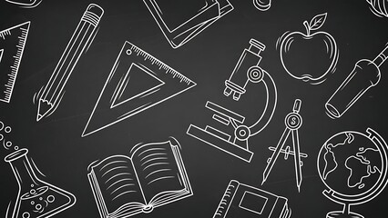 Classroom Supplies on Blackboard Background