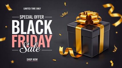 Black friday special offer sale banner with luxury gift box and ribbons.