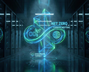 Green carbon reduction neutral sustainable net nature loop hologram glows over server corridor symbolizing net zero carbon neutral target and hopeful climate carbon reduction to net zero concept