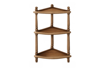 Wooden vintage corner shelf with three triangular tiers for displaying and storing decorative items or books, isolated